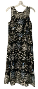 ADRIANNA PAPELL Black Cream Blue Floral Embroidered Fit Flare Midi S/L Dress