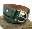 FERRAGAMO Forest Green Leather Wide Brushed Silver Gancini Buckle Belt sz 42