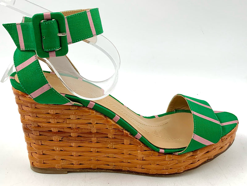 KATE SPADE Green Pink Stripe Basket Weave Ankle Wrap Wedge Sandals 8