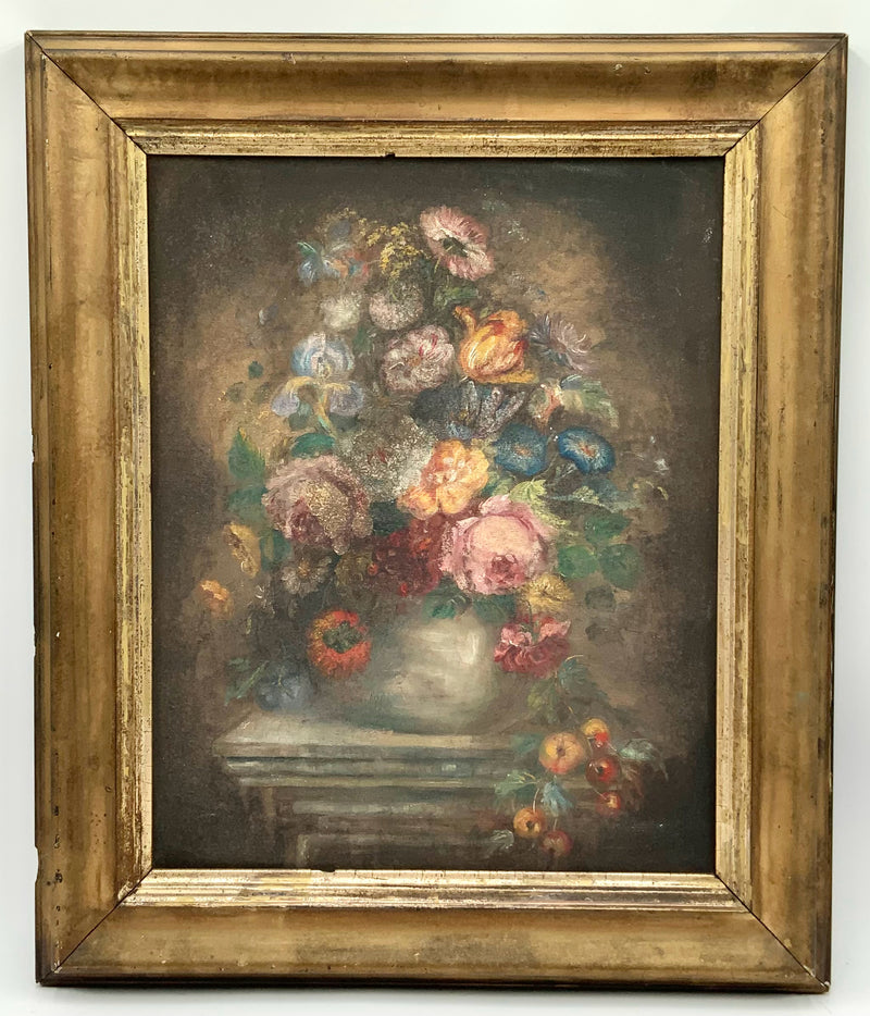 Antique Oil on Canvas of Flowers in Vase