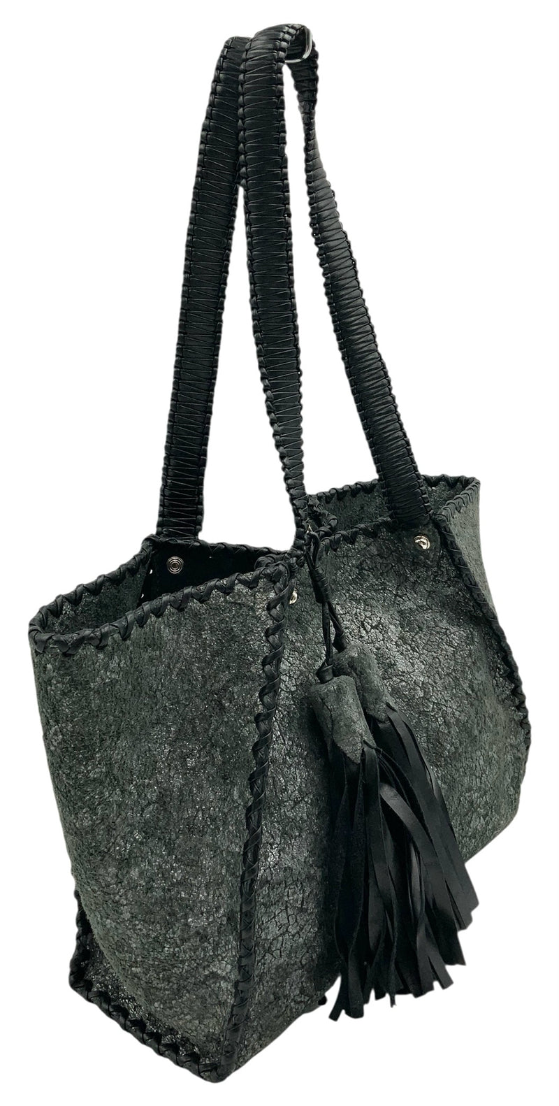 ANTHONY LUCIANO NY Black Silver Metallic Leather Tassel Accent Aviela Tote Bag