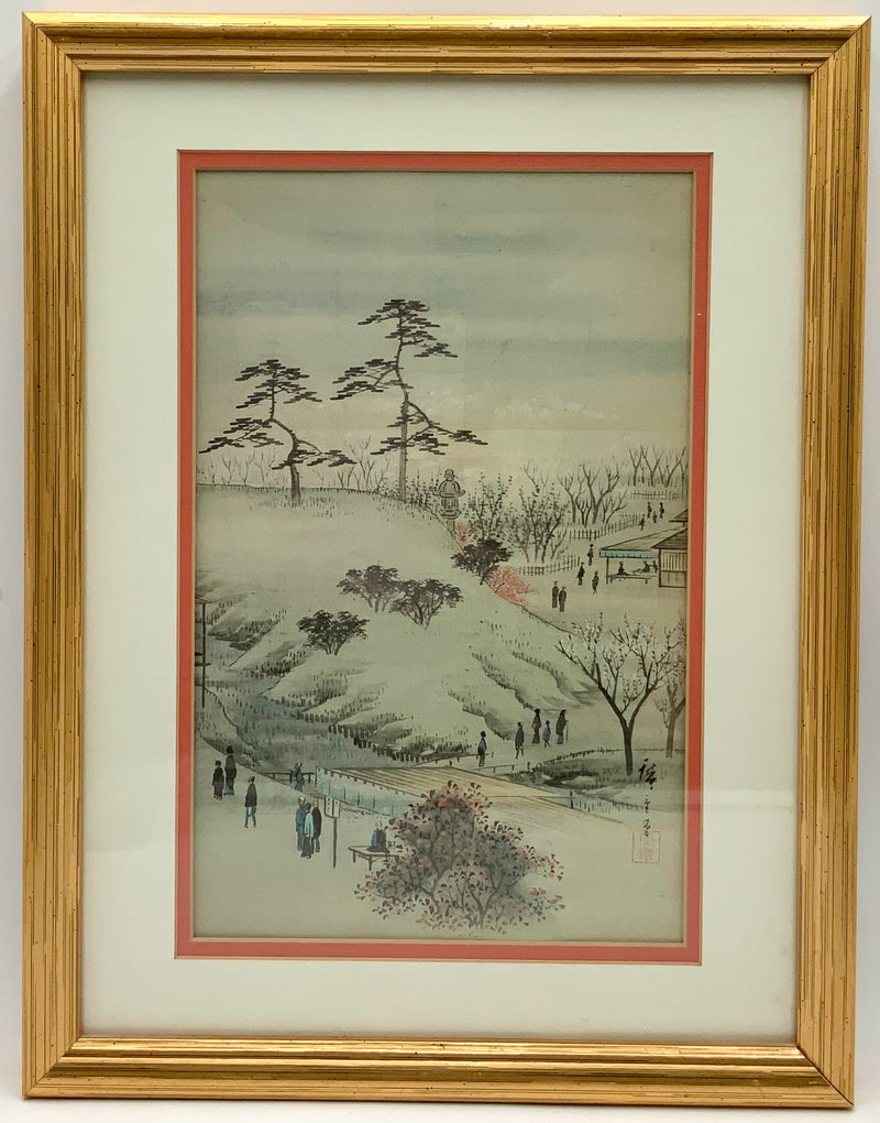 Pair of Asian Watercolor Style Prints in Gold Frames