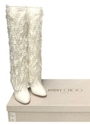 JIMMY CHOO White Calf Leather Fringe Magalie 100 Tall Boots 40.5