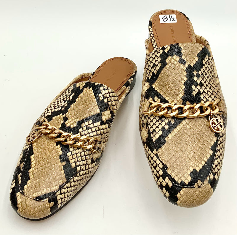 TORY BURCH Black Tan Snake Print Leather Matte Gold Chain Mules 8.5