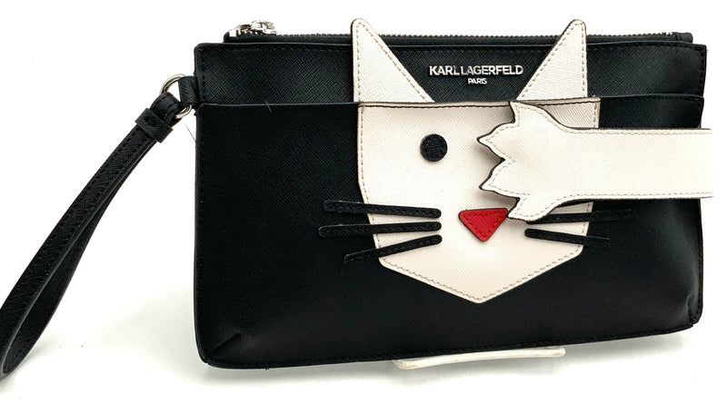 KARL LAGERFELD Black/White Leather Peak A Boo Whiskers Cat Wristlet