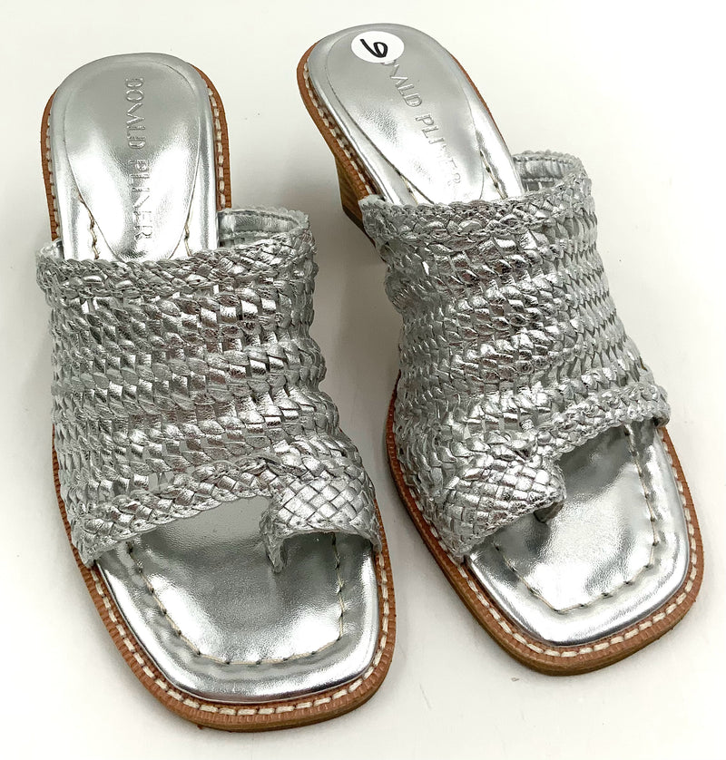 DONALD PLINER Silver Woven Leather Block Heel Sandals 6