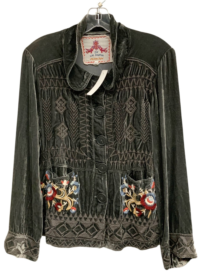 JOHNNY WAS Grey Velvet Multi Floral Embroidered B/D L/S Jacket