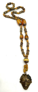 Tribal Style Beaded Necklace w/Brass Mask Pendant
