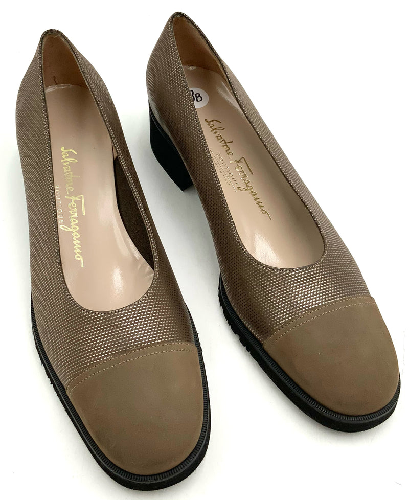 FERRAGAMO Olive Textured Leather Nubuck Cap Toe Pumps 8B