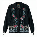 JOHNNY WAS Black W/Multi Floral Embroid L/S B/D Top