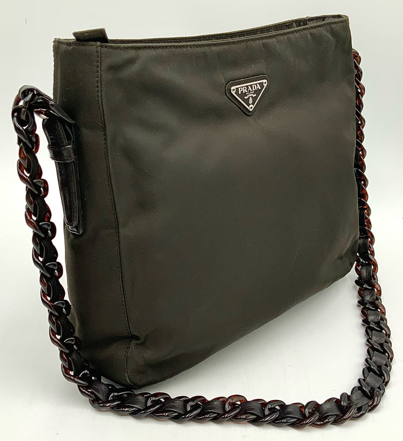 PRADA Brown Tessuto Nylon Leather Inset Acrylic Chain Shoulder Handbag