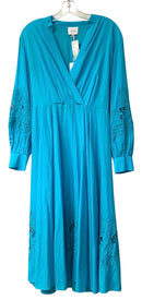 JADE Johnny Was Turq w/Floral Cut-Out Embroid Faux Wrap L/S Maxi Dress