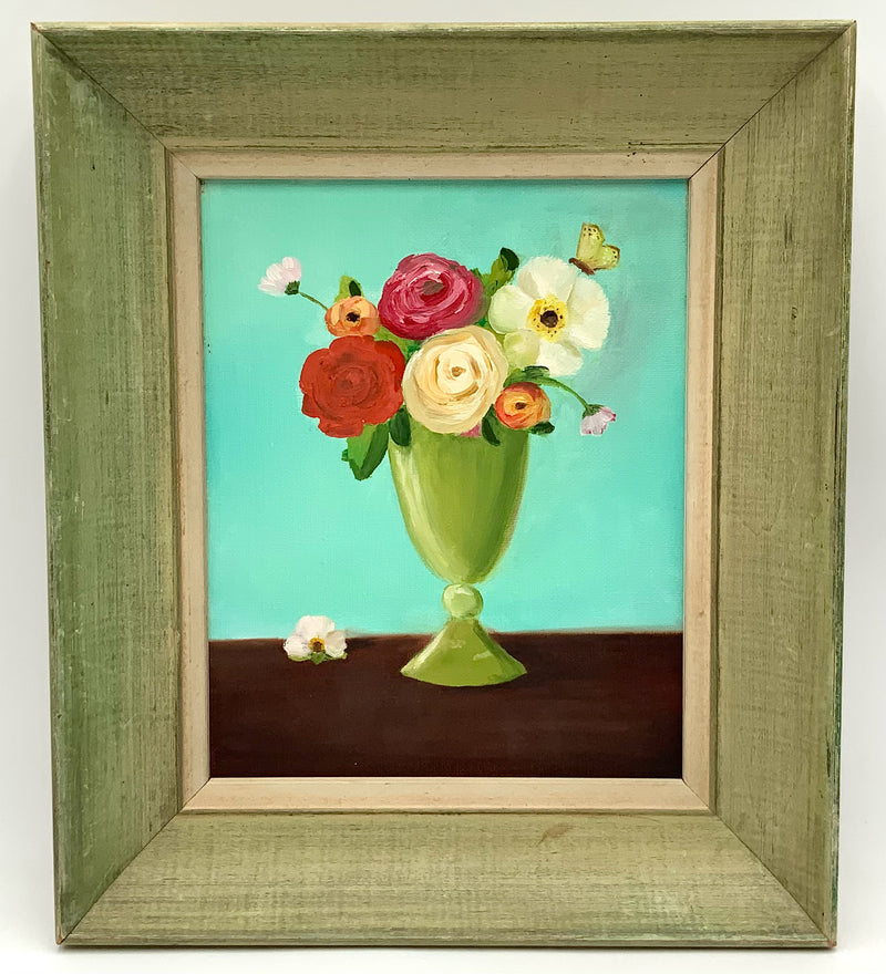 Acrylic on Canvas of Floral Vase in Rustic Frame