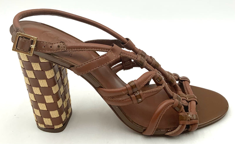 TORY BURCH Brown Leather Woven Canvas Layce Sandals 9M