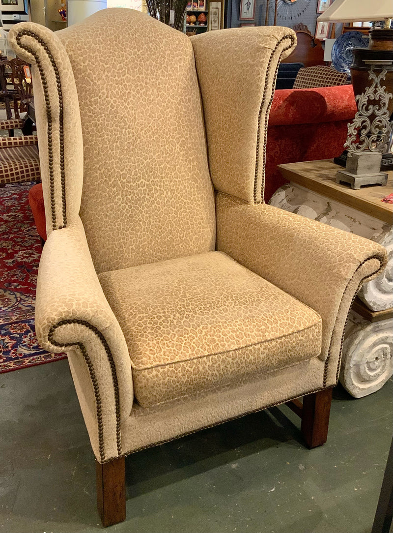 Oversize Wing Chair with Neutral Animal Print Upholstery