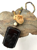 Powder Glass Bead Necklace w/Carved Wood Inro & Netsuke Pendant