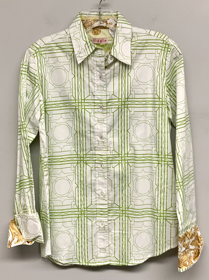 TIZZIE Lime/White Geo w/Contrast Cuff L/S B/D Top