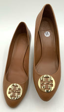 TORY BURCH Camel Leather Logo Almond Toe Wedge Pumps 11