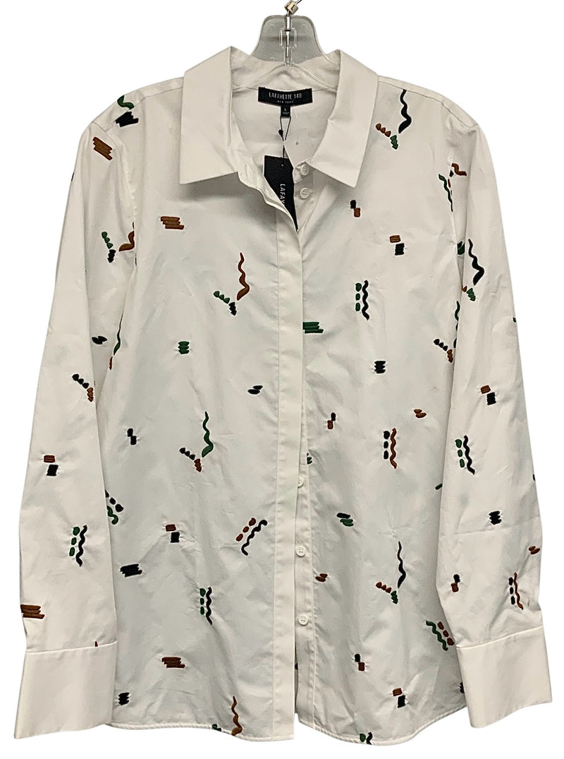 LAFAYETTE 148 White w/Multi Squiggle Embroid L/S B/D Top