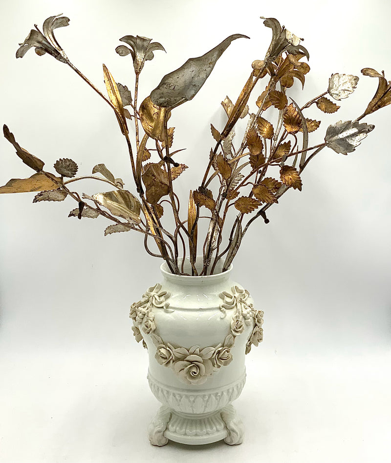 Vintage Spanish Ceramic Urn with Gilt Metal Flowers