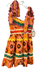CELIA B Orange Floral w/Multi Color Ric Rac Trim Tie Shldr Dress