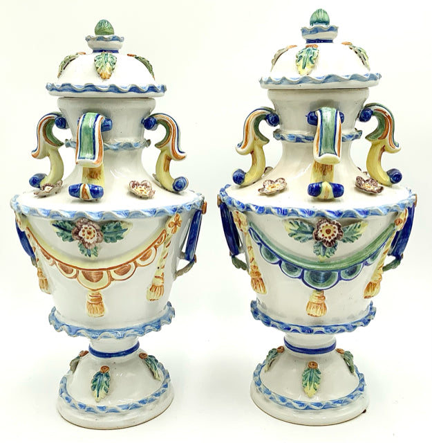 Pair of Spanish Faience Lidded Urns