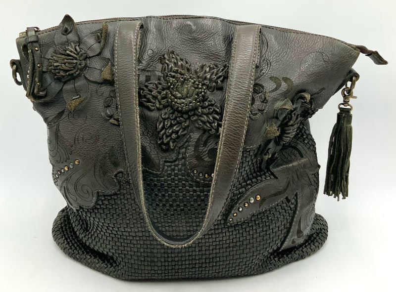 ART N VINTAGE Sage Green Woven Floral Leather Tote NO STRAP