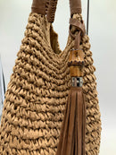 TOMMY BAHAMA Natural Woven Raffia Brown Leather Trim Tassel Bag