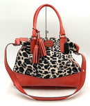 COACH Red Leather Cream Black Ocelot Leopard Canvas Rory Satchel