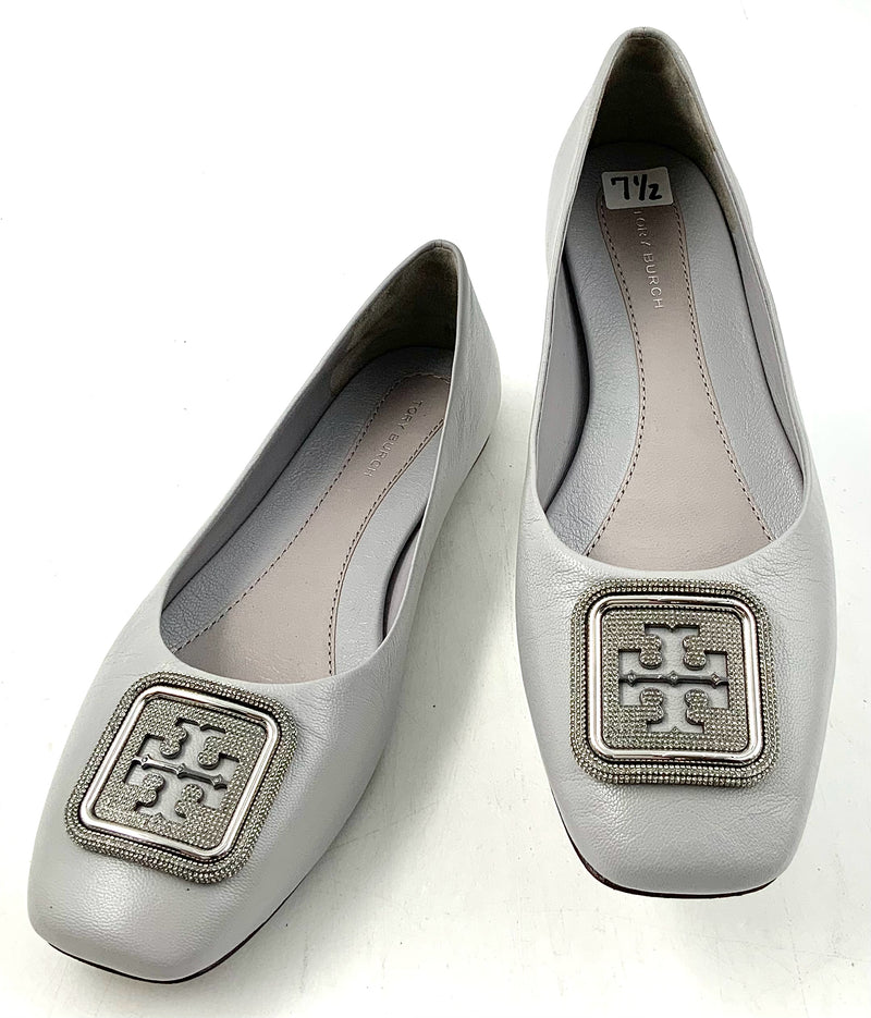 TORY BURCH Light Grey Leather Georgia Square Toe Flats 7.5