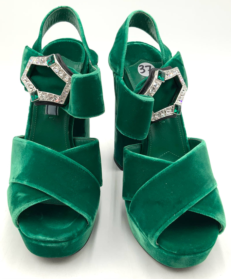 PRADA Green Velvet Jeweled Clasp Platform Sandals 37