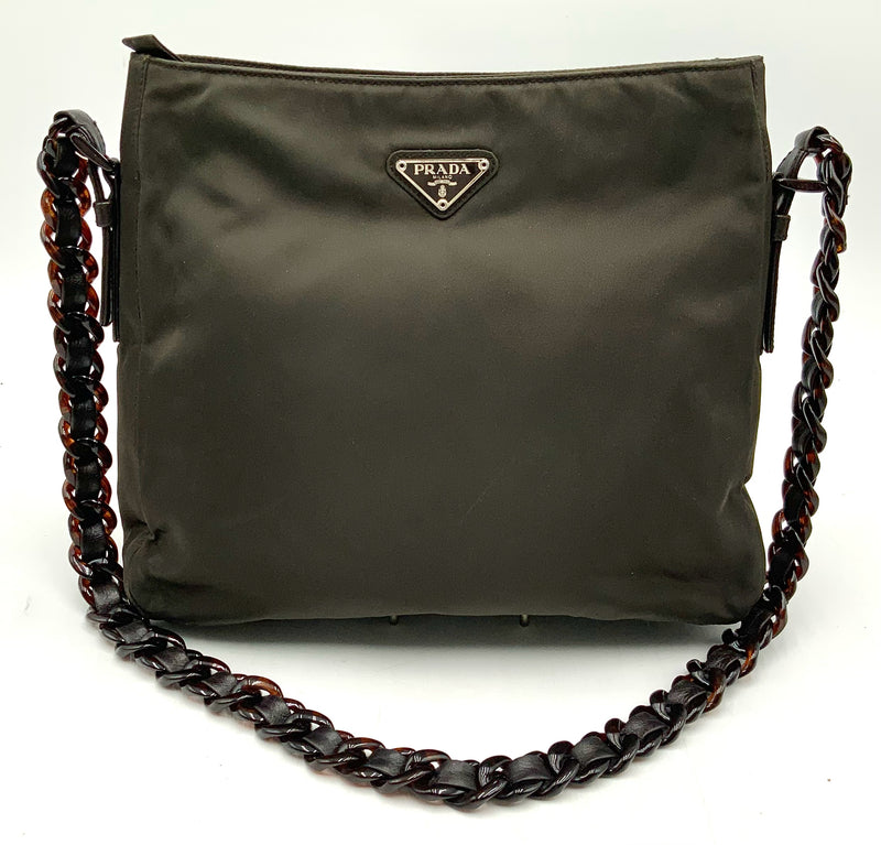 PRADA Brown Tessuto Nylon Leather Inset Acrylic Chain Shoulder Handbag