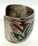 Sterling Cuff Bracelet w/Turquoise & Coral Chip Inlay