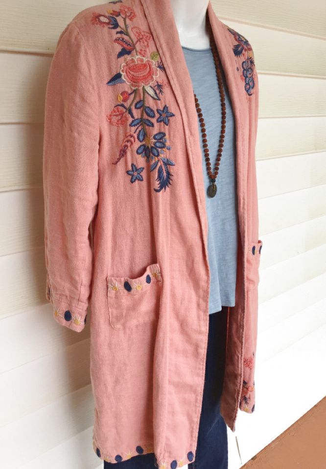 JOHNNY WAS Peach w/ Blue Embroidered Flowers Linen Open Front Duster