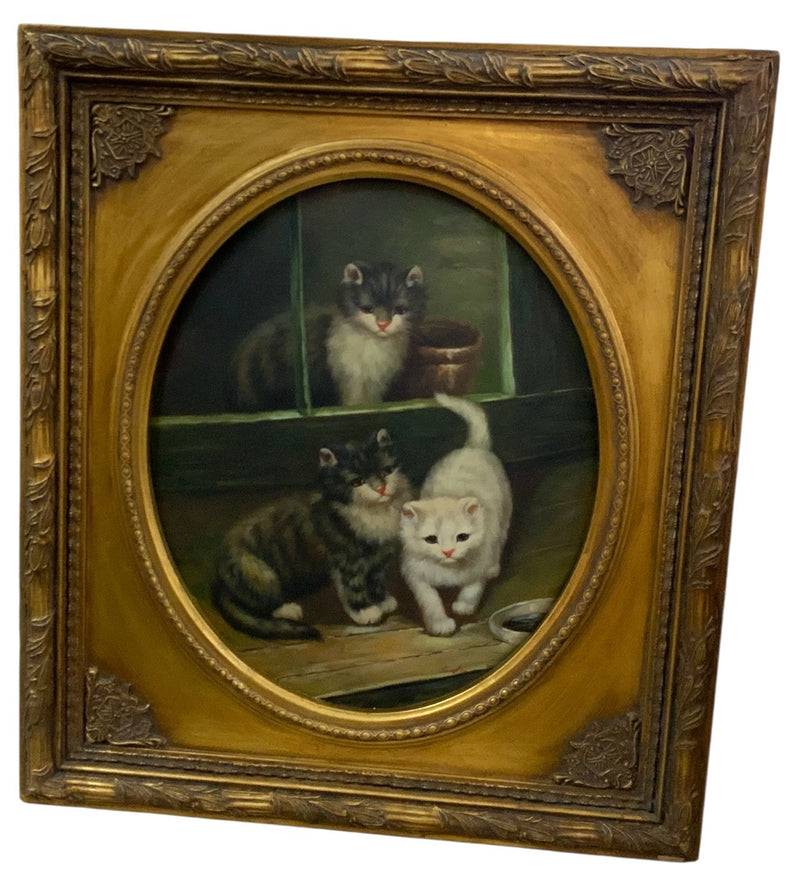 Oval Convex Painting of Cats in Gold Frame