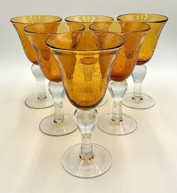 Set/6 Mexican Amber Handblown Wine Glasses