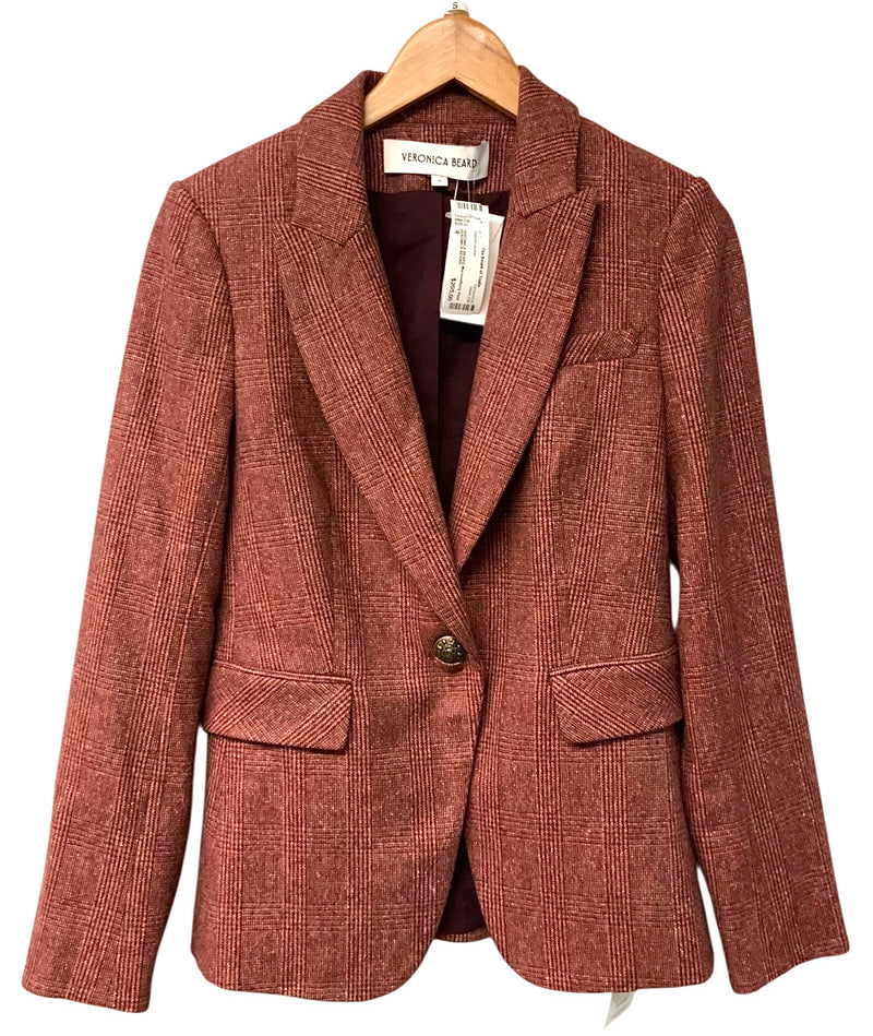 VERONICA BEARD Maroon/Berry Plaid Wool Blend One Button Blazer