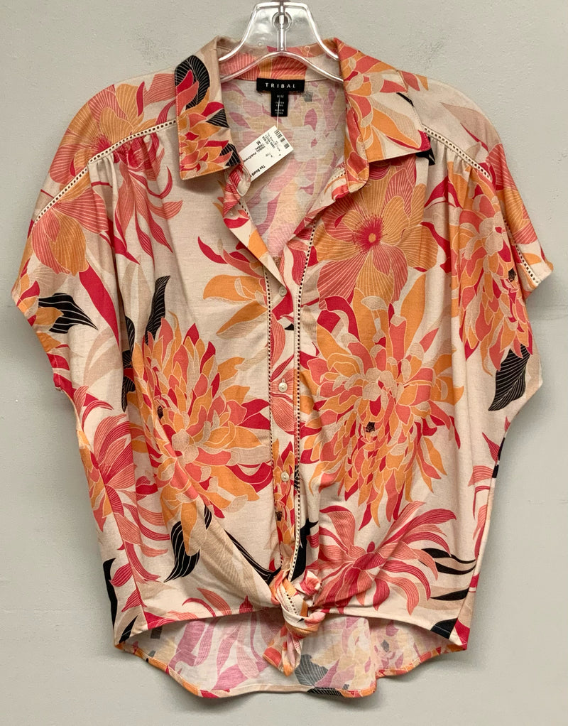 TRIBAL Pink/Orange/Tan Floral Tie Waist S/S B/D Top