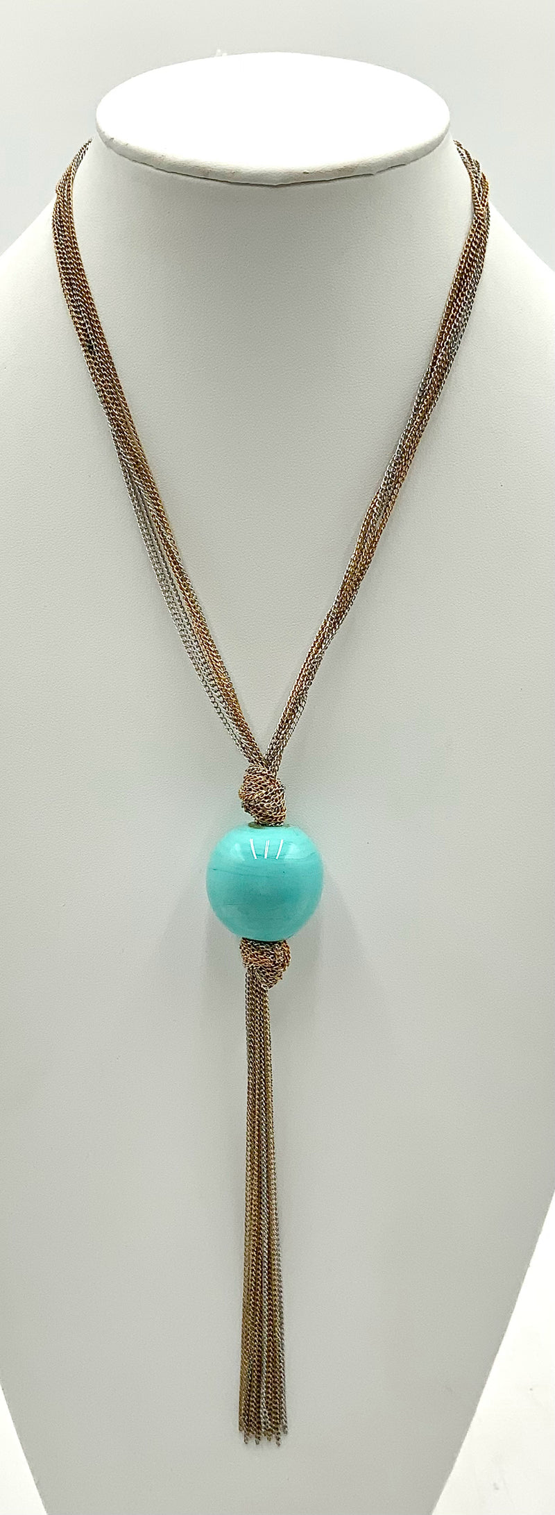 LES BERNARD Gold Tone & Silver Tone Multi Chain Necklace With Aqua Glass Ball