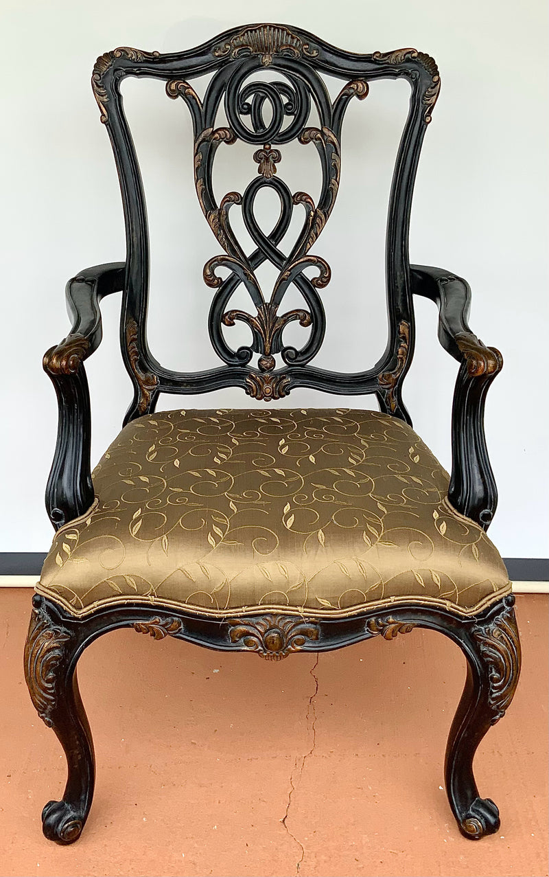 Black Chippendale Armchair with Gold Silk Upholstery