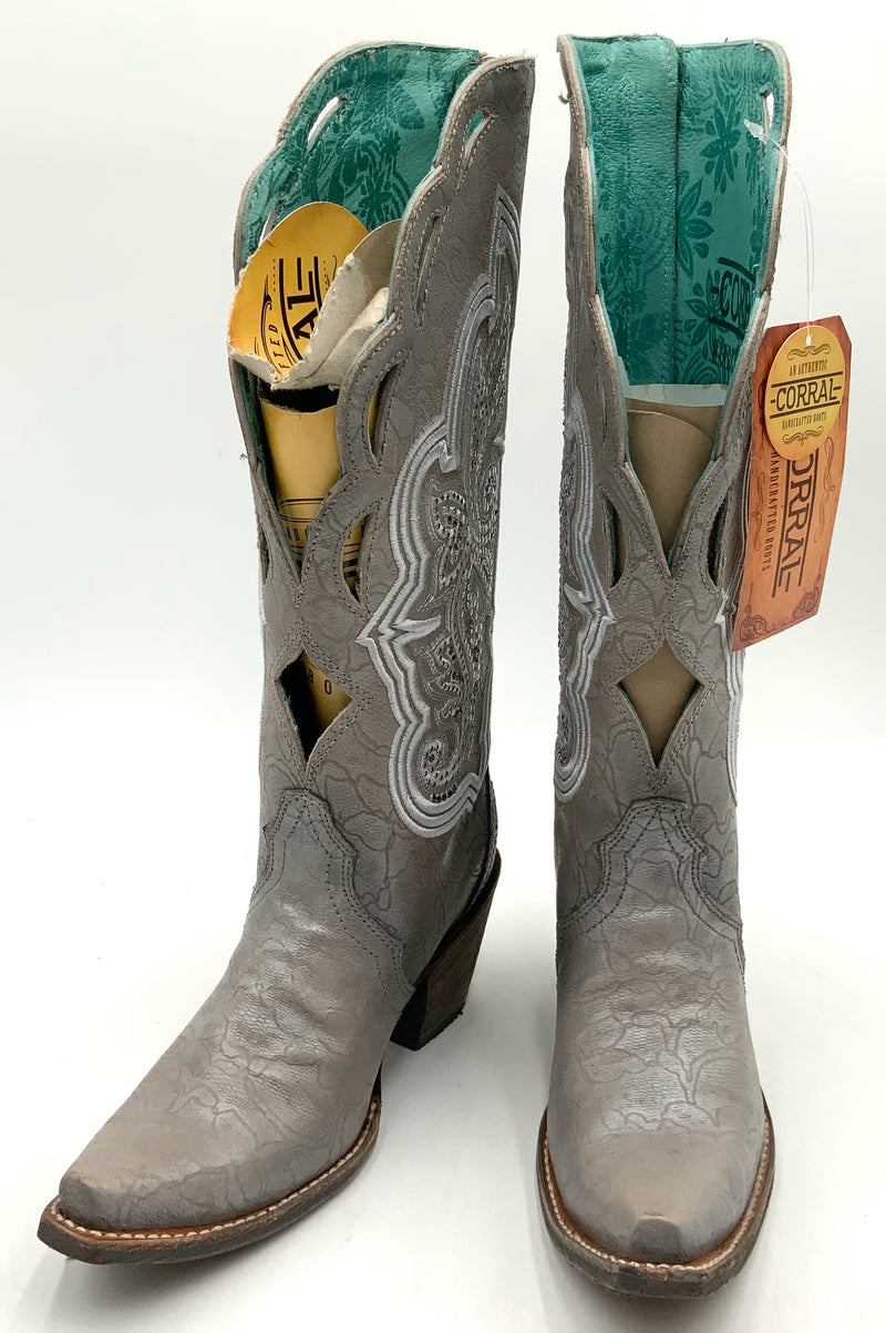 CORRAL Silver Lea w/Cut-Out & Rhinestone Detail C3202 Snip Toe Cowboy Boots 5