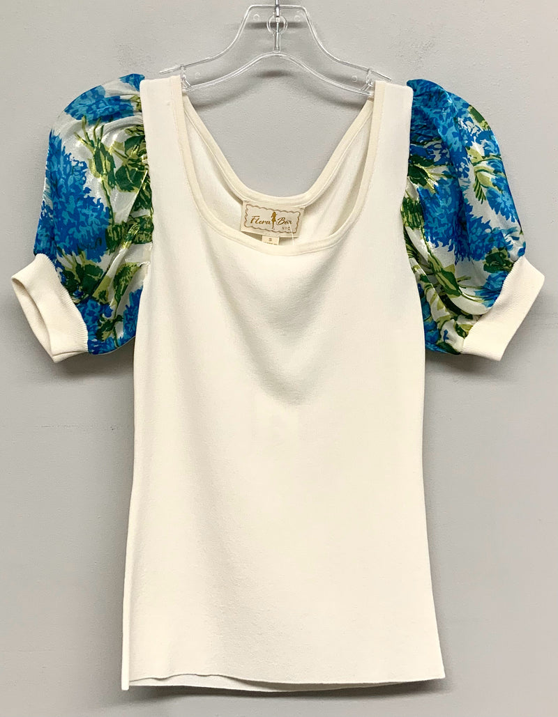 FLORA BEA White w/Blue Floral Puffy Sleeve Top