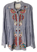 JOHNNY WAS Blue/White Stripe w/Multi Floral Embroid L/S B/D Top