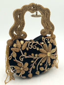 MARY FRANCES Black Velvet Gold Seed Beaded Floral Fringe Ornate Handle Bag