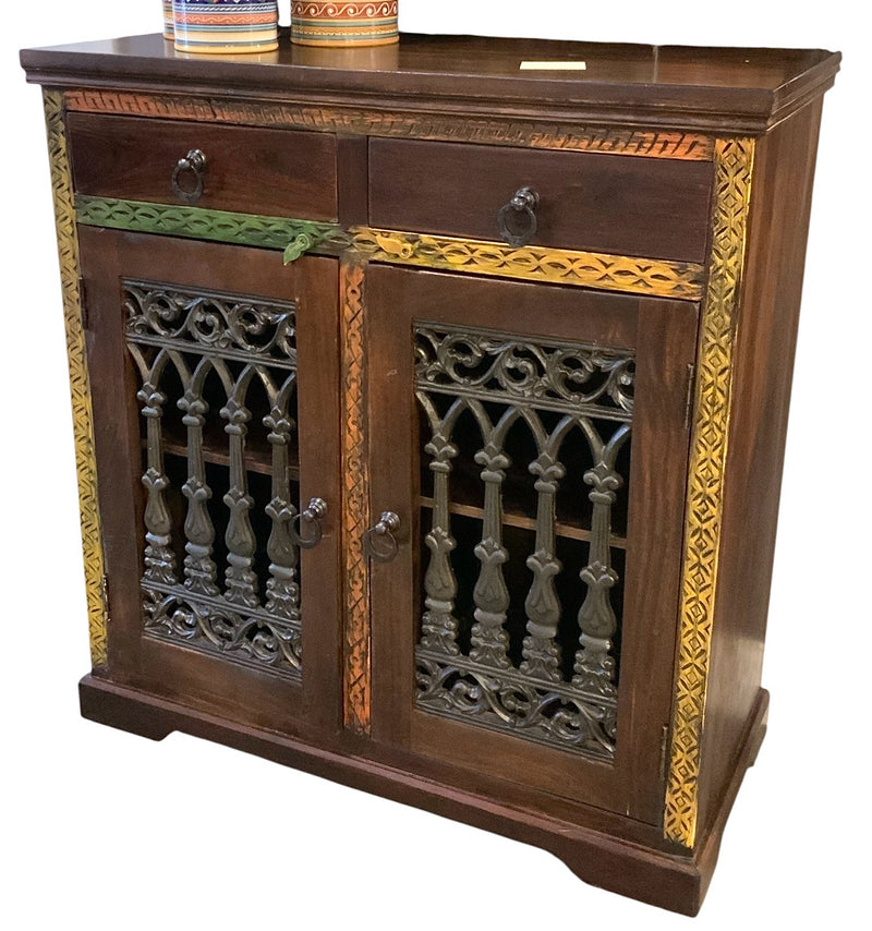 Carved Wood Cabinet with Iron Accents