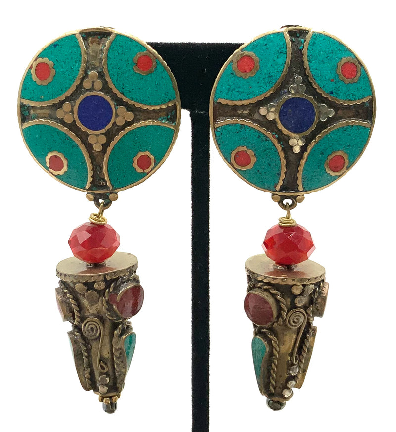 Silver Tone Tibetan Turquoise & Glass Clip-On Earrings