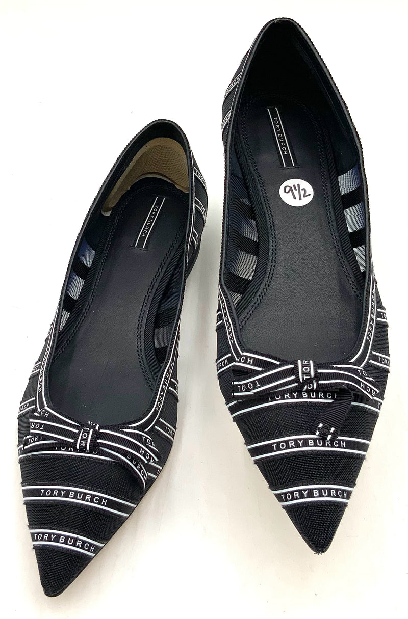 TORY BURCH Black Mesh Logo Ribbon Pointed Flats 9.5