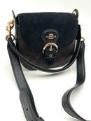 COACH Black Suede Brown Signature Canvas Buckle Cosure Kleo 17 Crossbody Bag