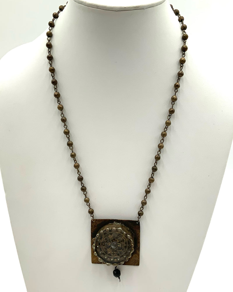 Artisan Brass Tone Beaded Necklace w/Square 3D Pendant