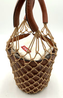 STAUD Brown Leather Macarame Netted Moreau Bucket Bag